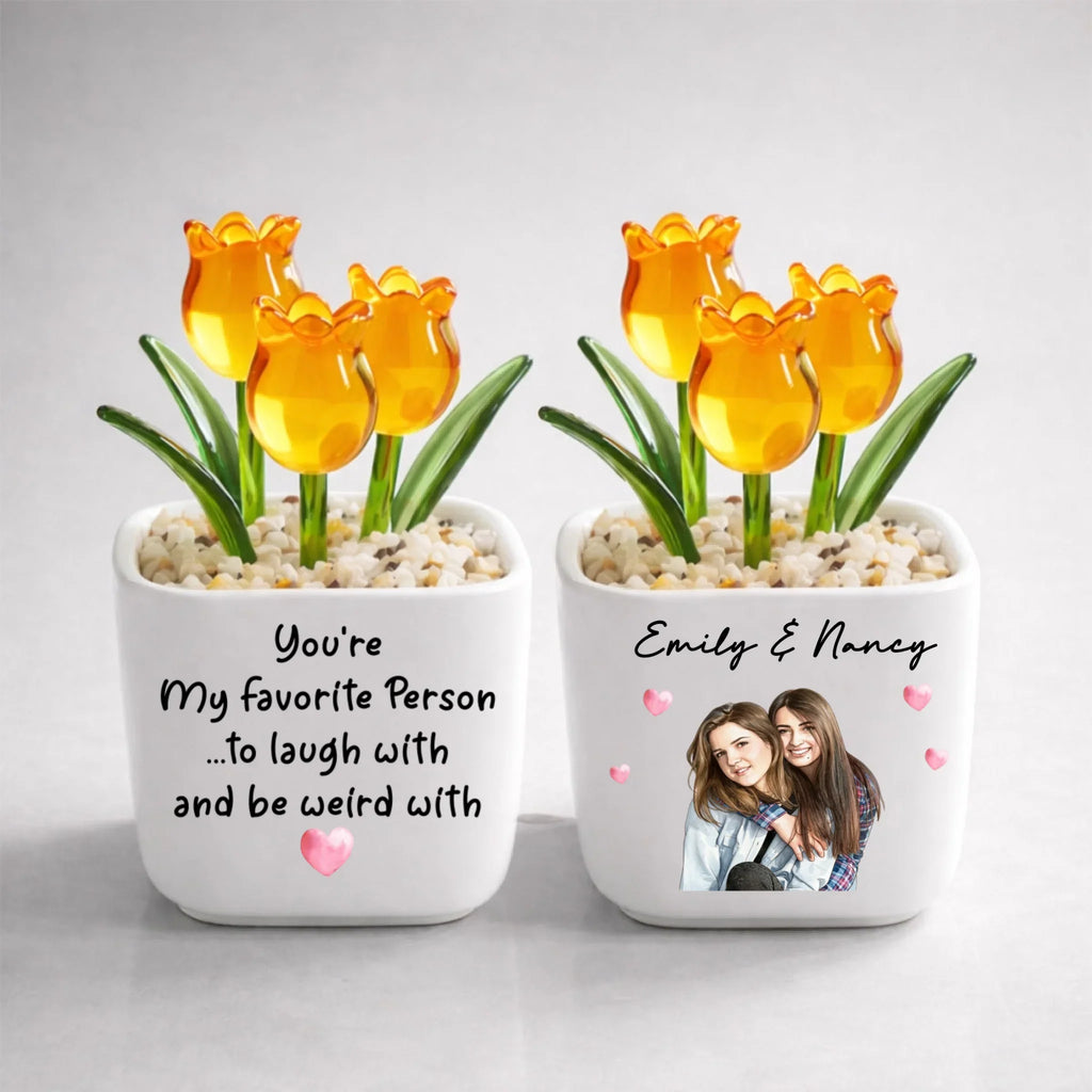 Custom Photo Flower Keepsake, Glass Home Decor Gift for Best Friend • My Favorite One - Personalized Glass Everlasting Tulips