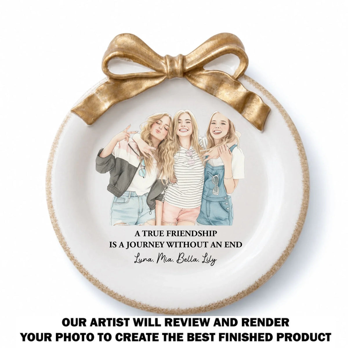 Custom Photo Watercolor Ribbon Trinket Dish, Best Friend Gift For Bestie • Friends Forever - Personalized Bow Jewelry Dish