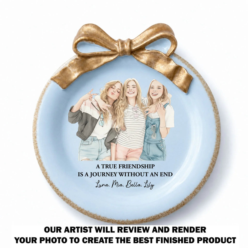 Custom Photo Watercolor Ribbon Trinket Dish, Best Friend Gift For Bestie • Friends Forever - Personalized Bow Jewelry Dish