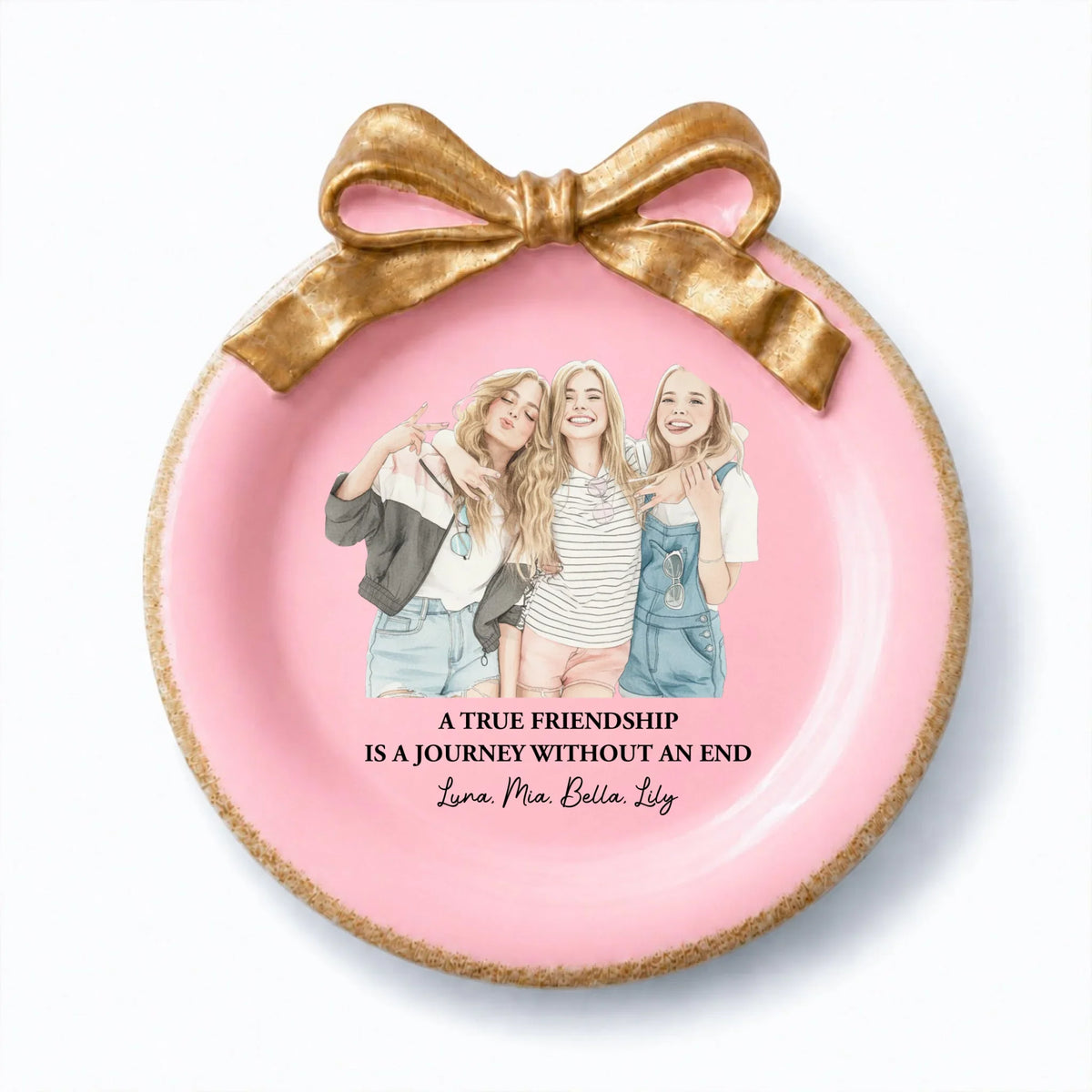 Custom Photo Watercolor Ribbon Trinket Dish, Best Friend Gift For Bestie • Friends Forever - Personalized Bow Jewelry Dish