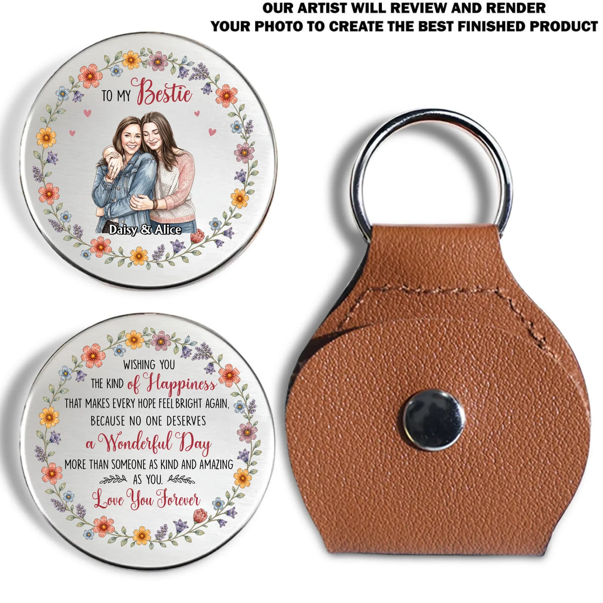 Custom Photo Besties Coin Keychain, Friendship Birthday Gifts • Wishing You The Kind Of Happiness - Personalized Pocket Hug