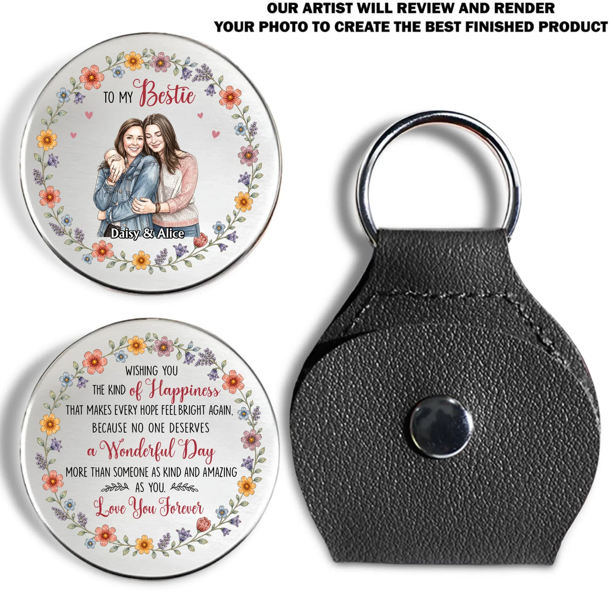 Custom Photo Besties Coin Keychain, Friendship Birthday Gifts • Wishing You The Kind Of Happiness - Personalized Pocket Hug