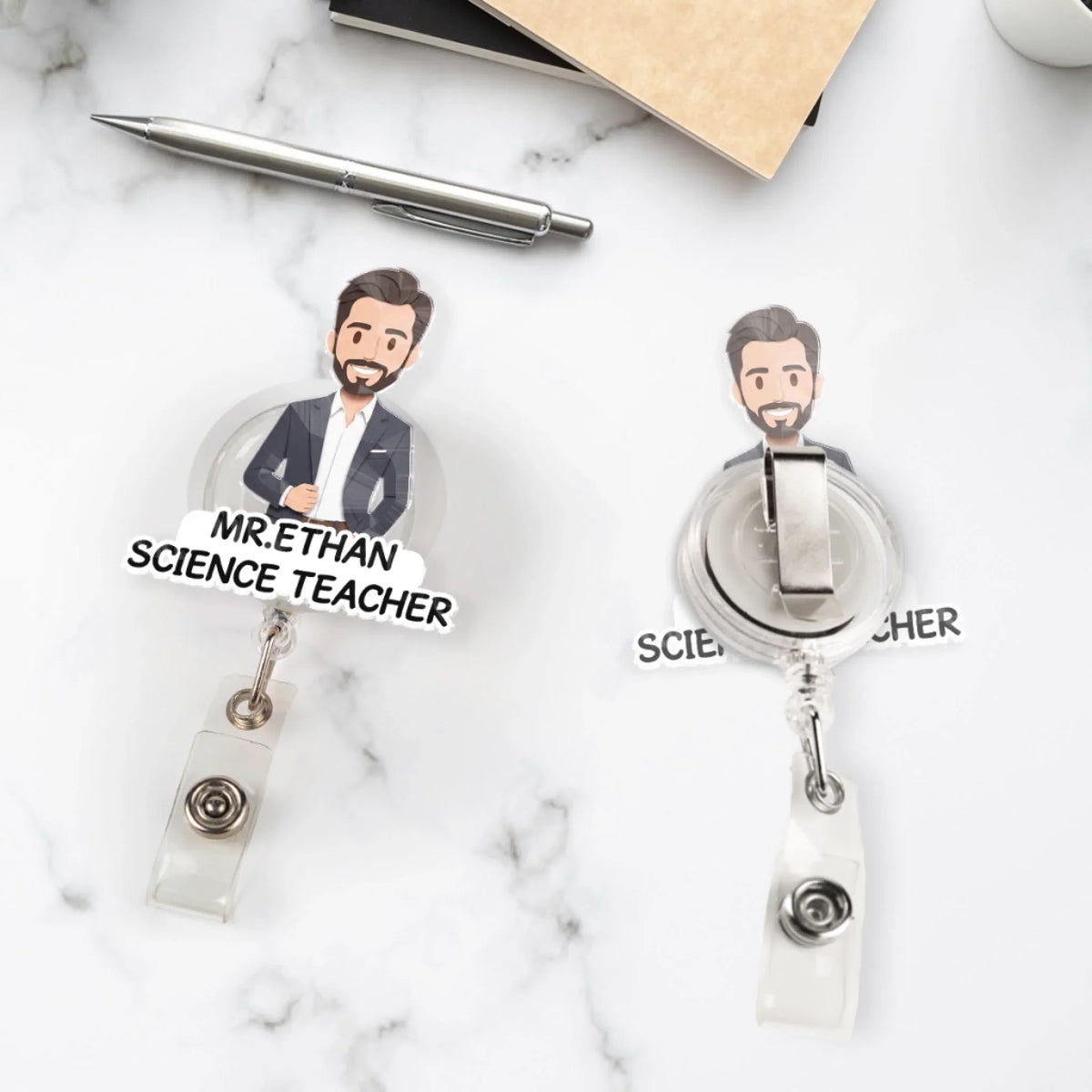 Custom Character ID Holder For Coworker, For Boss, Office Gift With Name • Cute Chibi Character - Personalized Acrylic Badge Reel
