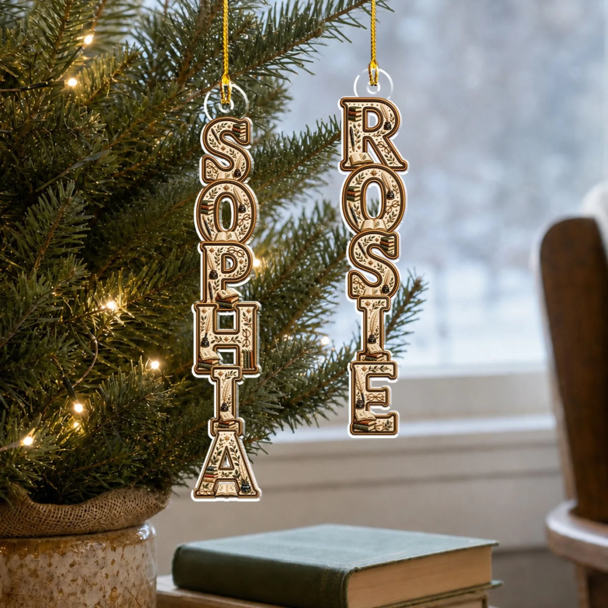 Custom Letter Christmas Ornament & Stocking Tag with Name • Book Lover - Personalized Acrylic Ornament