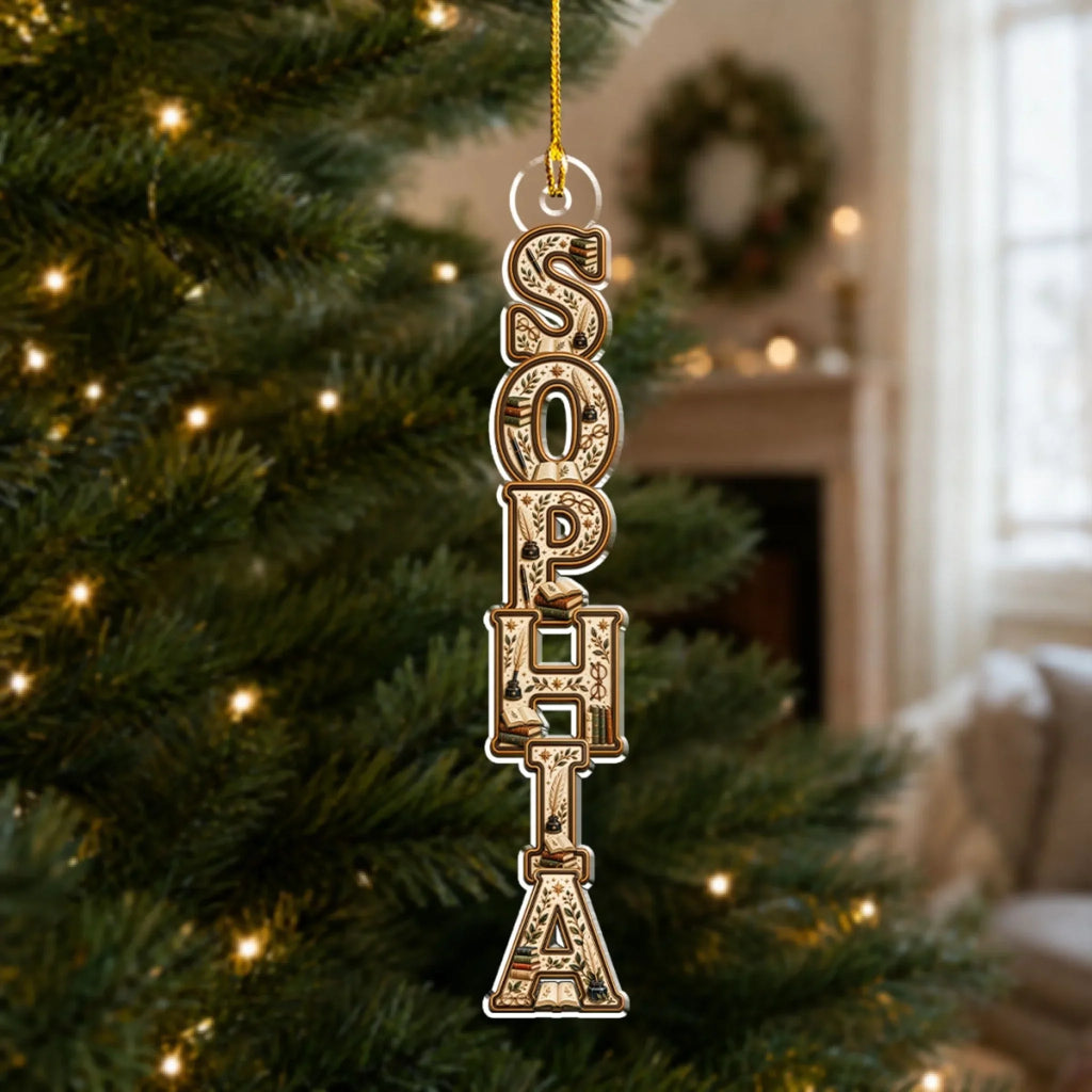 Custom Letter Christmas Ornament & Stocking Tag with Name • Book Lover - Personalized Acrylic Ornament