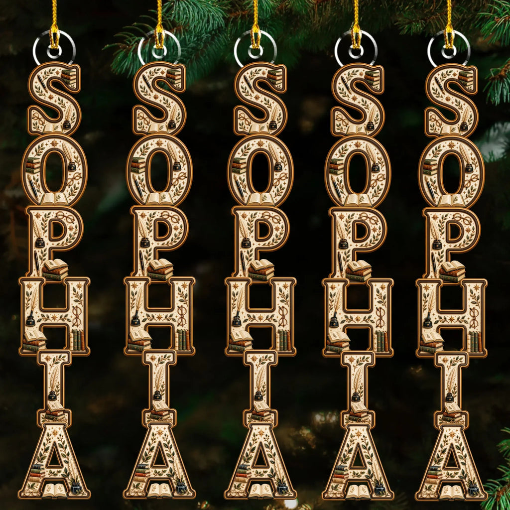 Custom Letter Christmas Ornament & Stocking Tag with Name • Book Lover - Personalized Acrylic Ornament