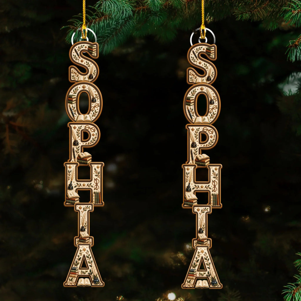Custom Letter Christmas Ornament & Stocking Tag with Name • Book Lover - Personalized Acrylic Ornament