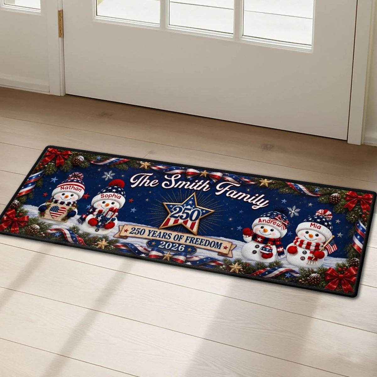 Custom Name Christmas Rug, Holiday Gift For Family, 250th Anniversary • 250 Years Of Freedom - Personalized Runner Rug