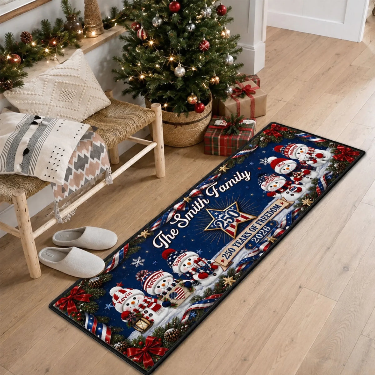 Custom Name Christmas Rug, Holiday Gift For Family, 250th Anniversary • 250 Years Of Freedom - Personalized Runner Rug