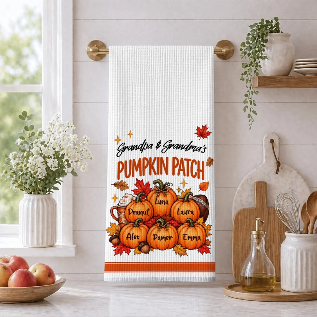 Custom Family Name Kitchen Towel, Christmas Housewarming Gift For Family • Our Sweetest Fall Blessings - Personalized Kitchen Towel
