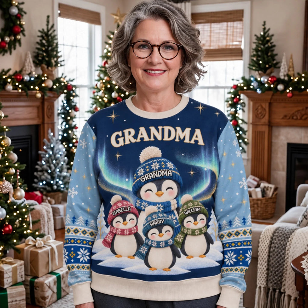 Custom Grandma Christmas Sweatshirt, Gift for Mothers • Best Grandma Penguin Ever - Personalized All-Over-Print Sweatshirt