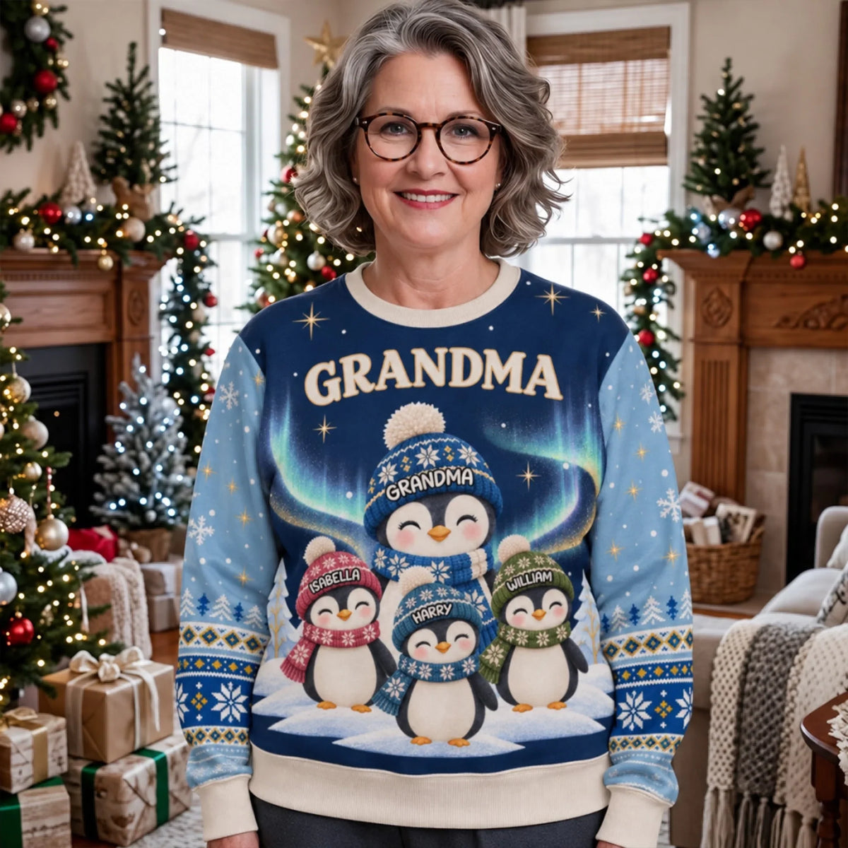 Custom Grandma Christmas Sweatshirt, Gift for Mothers • Best Grandma Penguin Ever - Personalized All-Over-Print Sweatshirt