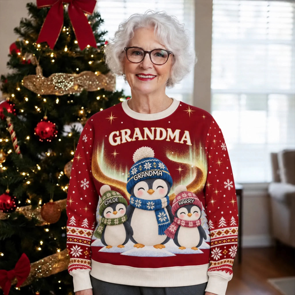 Custom Grandma Christmas Sweatshirt, Gift for Mothers • Best Grandma Penguin Ever - Personalized All-Over-Print Sweatshirt