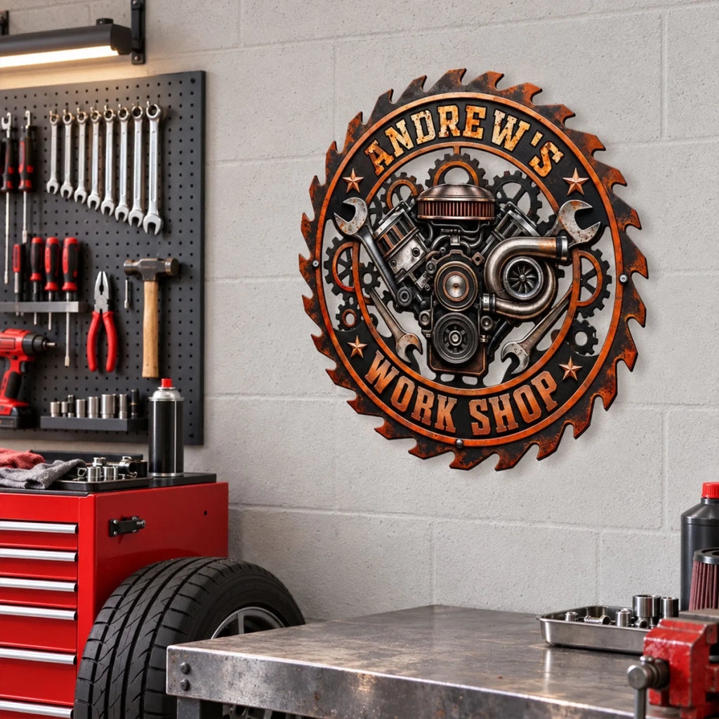 Custom Home & Wall Decor, Birthday & Christmas Gift • Mechanic Workshop - Personalized Freeform Shape Metal Sign