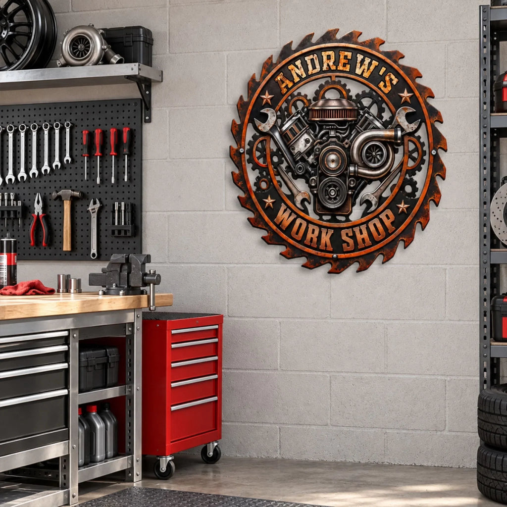 Custom Home & Wall Decor, Birthday & Christmas Gift • Mechanic Workshop - Personalized Freeform Shape Metal Sign