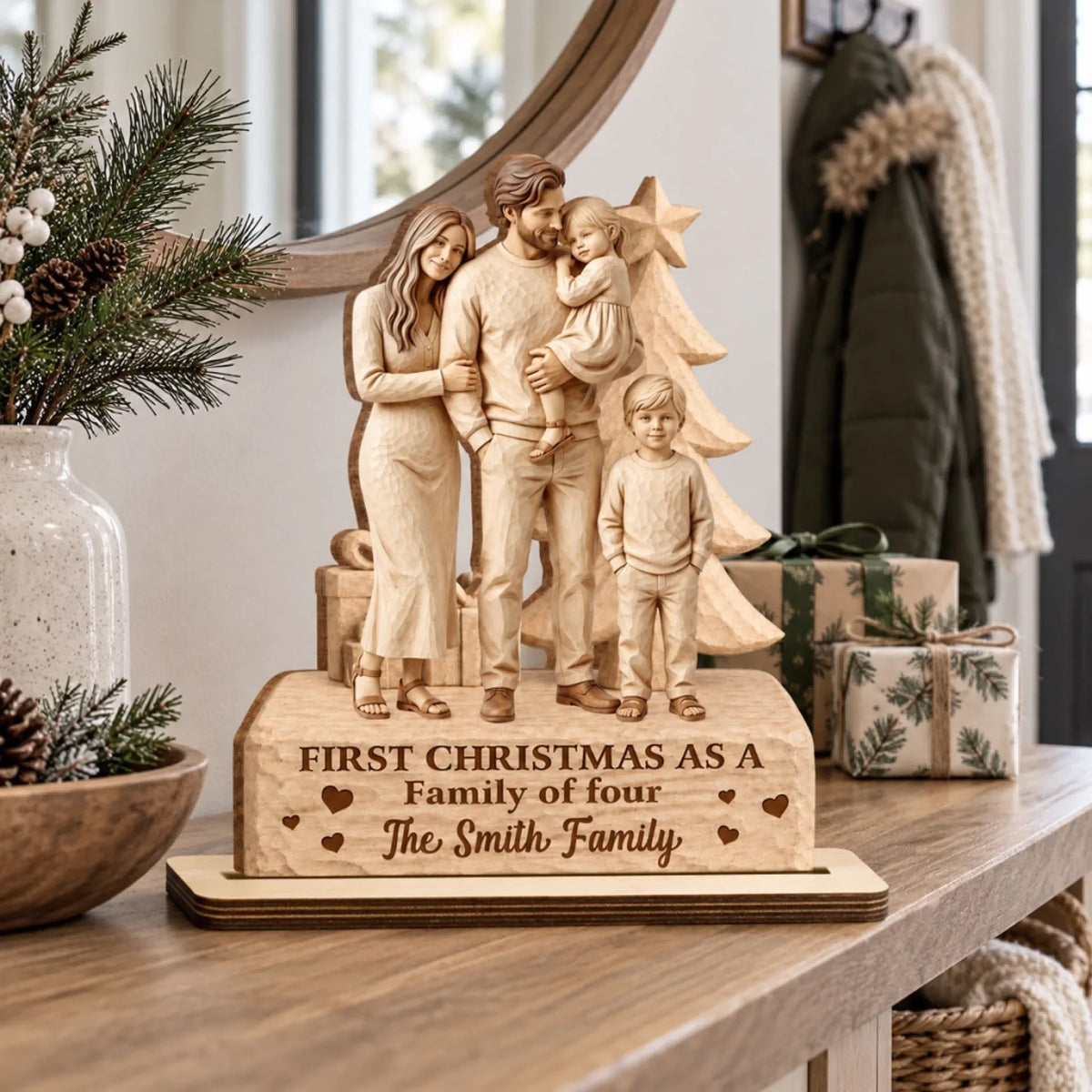 Custom Decor for Mom, Special Gift for Mother • Our Merry Beginning - Personalized 2-Layer Wood Plaque With Flat Base