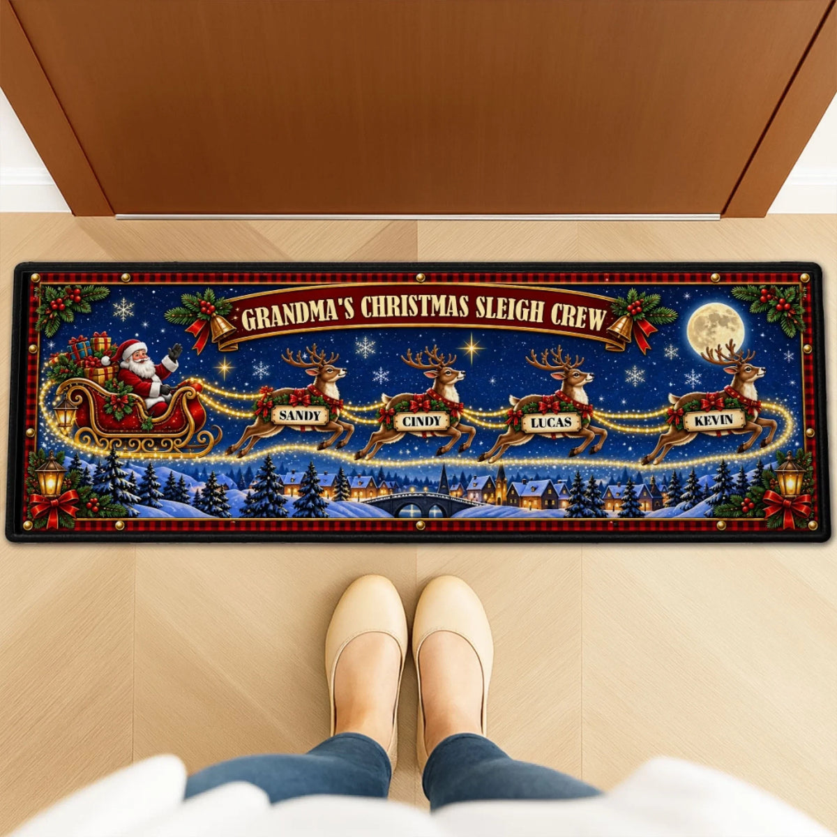 Custom Family Name Rug, Housewarming Birthday Gift For Family Members • Christmas Reindeer Crew - Personalized Runner Rug