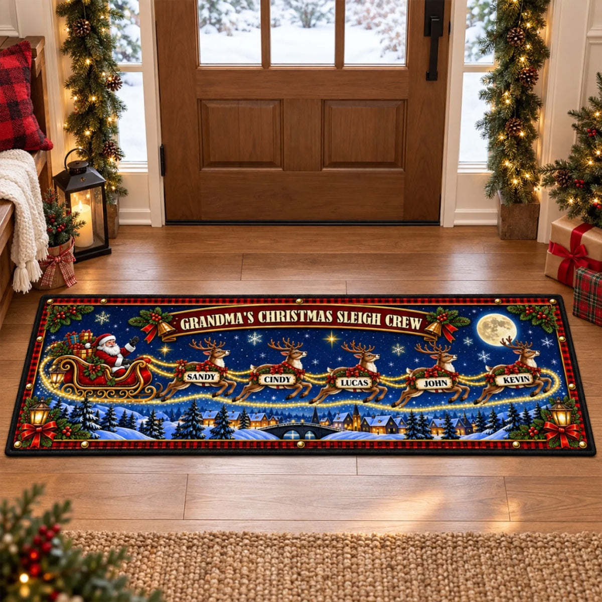 Custom Family Name Rug, Housewarming Birthday Gift For Family Members • Christmas Reindeer Crew - Personalized Runner Rug