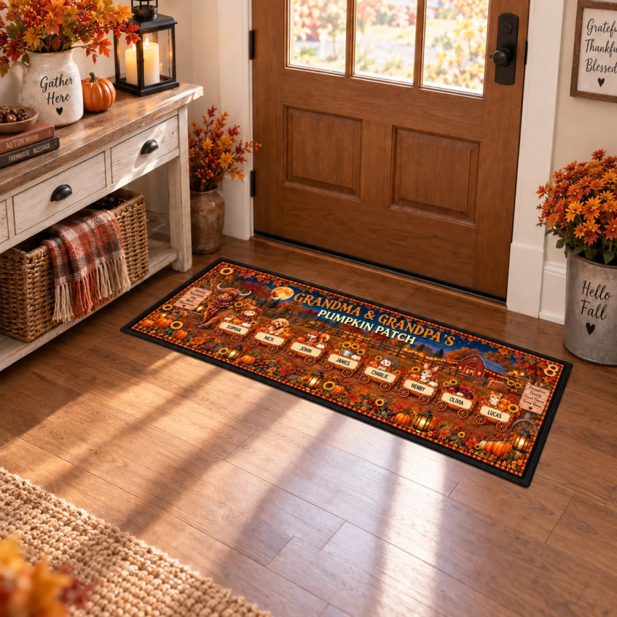 Custom Family Name Rug, Housewarming Birthday Gift For Grandma Grandparents • Family Grows In Pumpkin Patches - Personalized Runner Rug