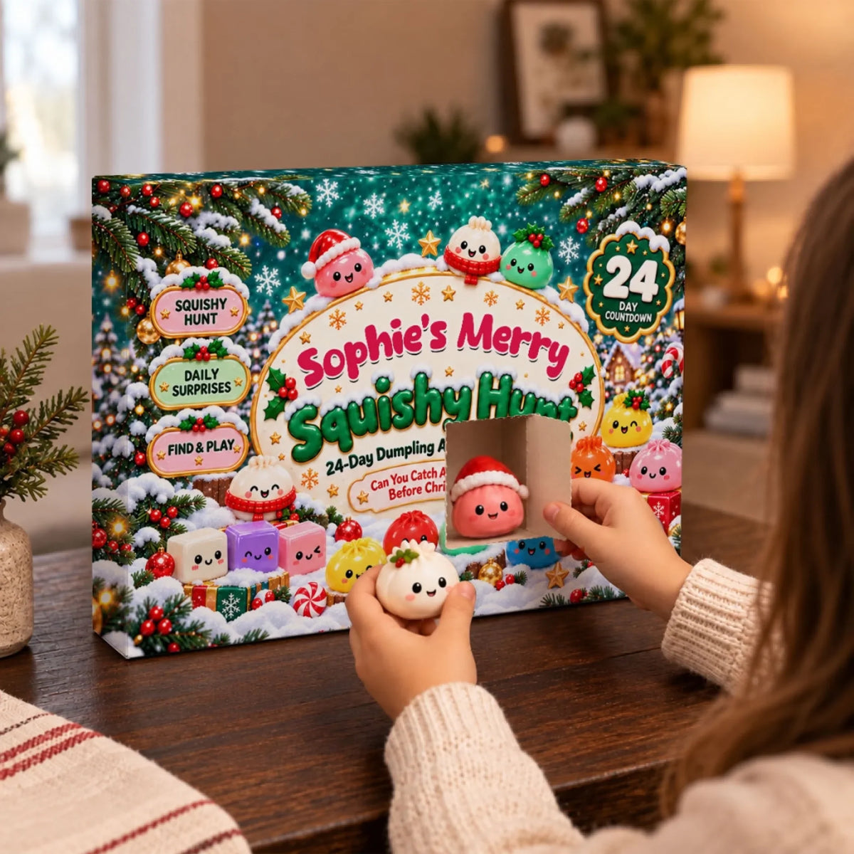 Custom 2026 Christmas Dumpling Advent Calendar, 24-Day Countdown • Merry Squishy Hunt - Personalized Dumpling Advent Calendar