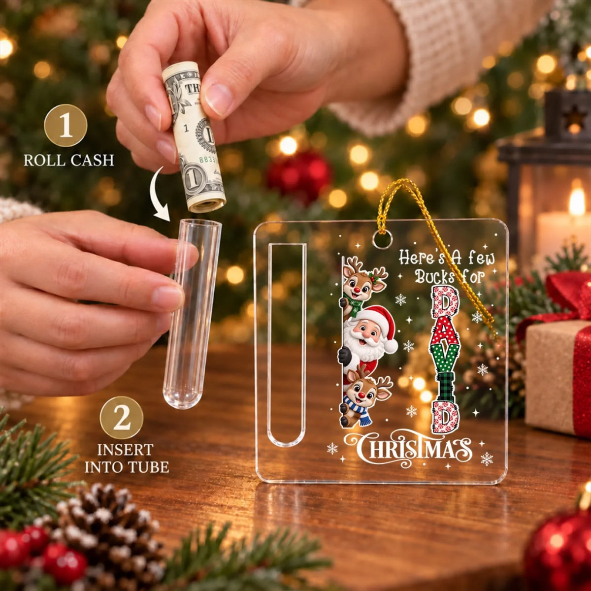 Custom Family Ornament, Christmas Gift for Family Members •  Merry And Bright - Personalized Cash Gift Ornament