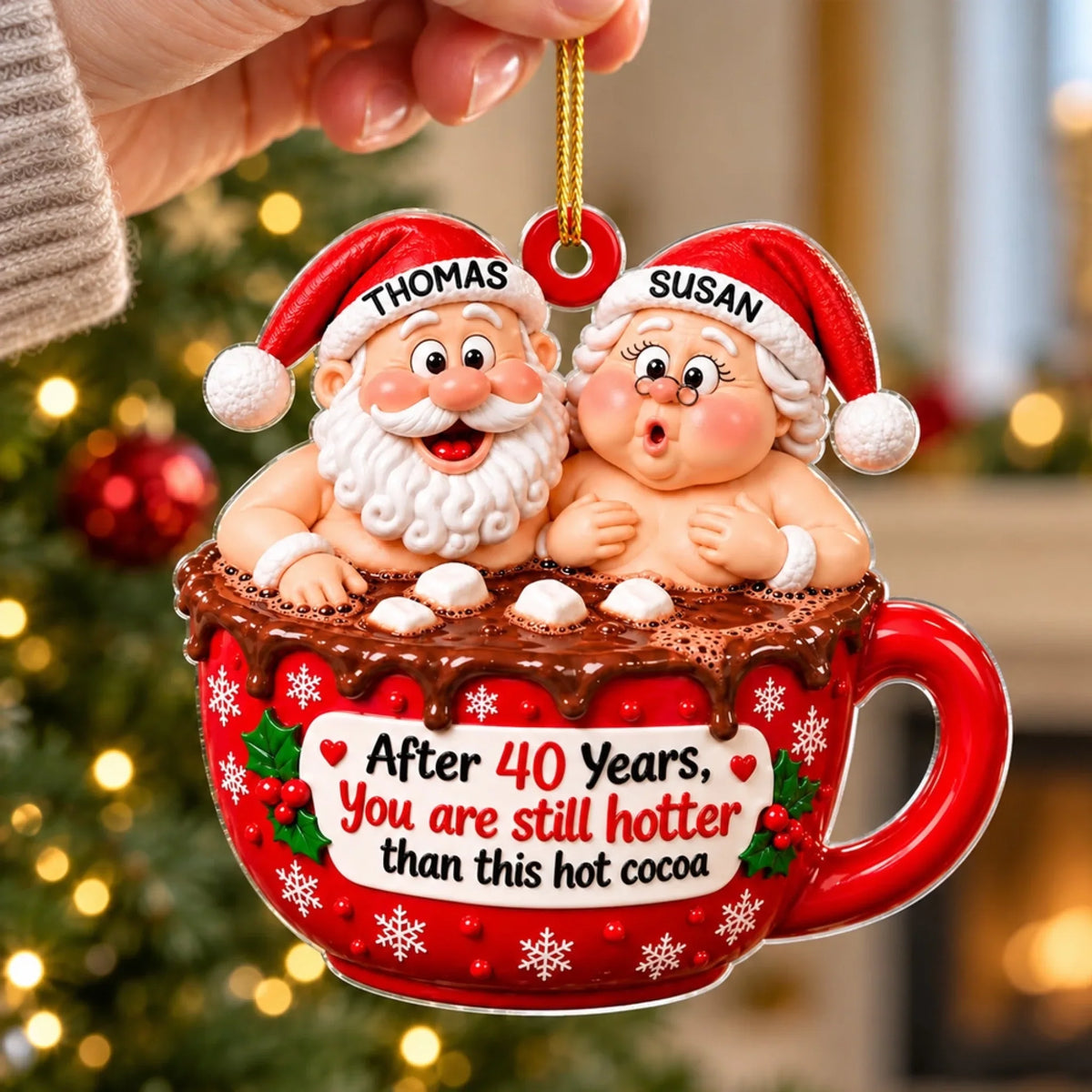 Custom Couple Christmas Ornament, Anniversary Gift •  Christmas Cocoa Couple - Personalized Acrylic Ornament