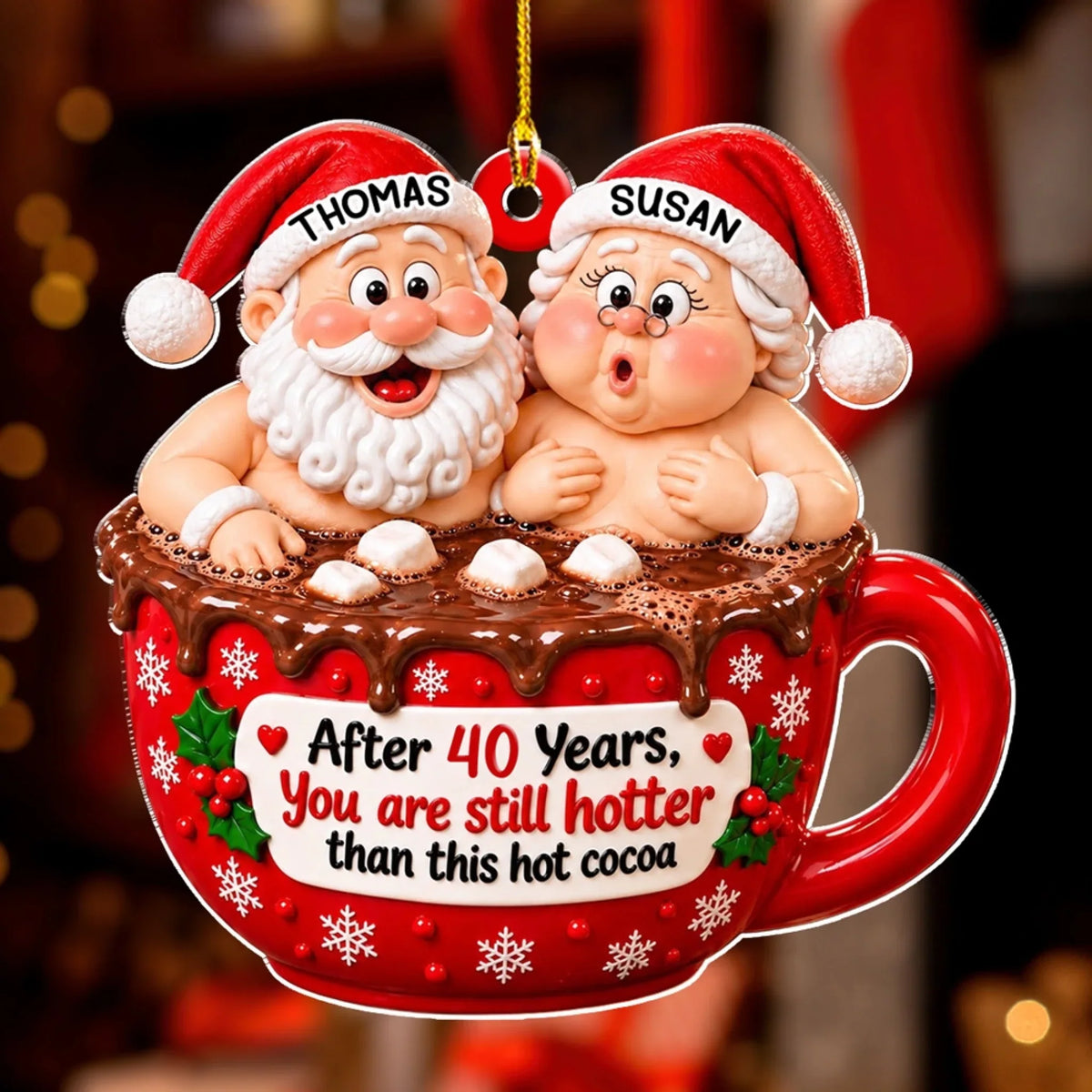 Custom Couple Christmas Ornament, Anniversary Gift •  Christmas Cocoa Couple - Personalized Acrylic Ornament