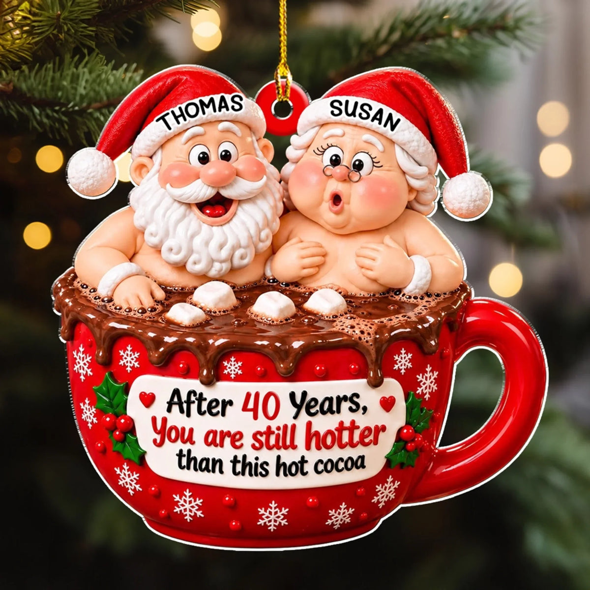 Custom Couple Christmas Ornament, Anniversary Gift •  Christmas Cocoa Couple - Personalized Acrylic Ornament