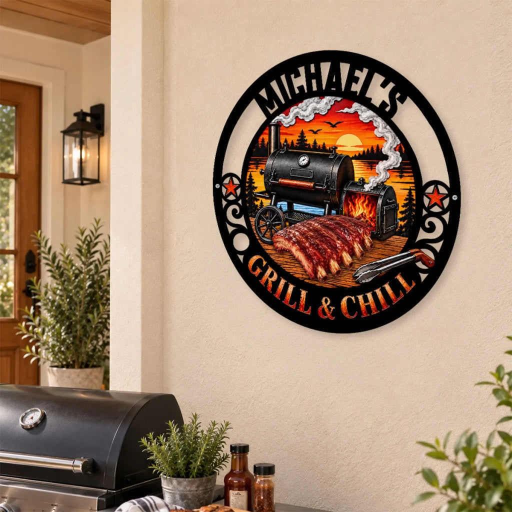 Custom Home & Wall Decor, Birthday & Christmas Gift • Grill And Chill - Personalized Freeform Shape Metal Sign
