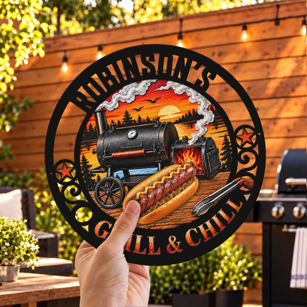Custom Home & Wall Decor, Birthday & Christmas Gift • Grill And Chill - Personalized Freeform Shape Metal Sign