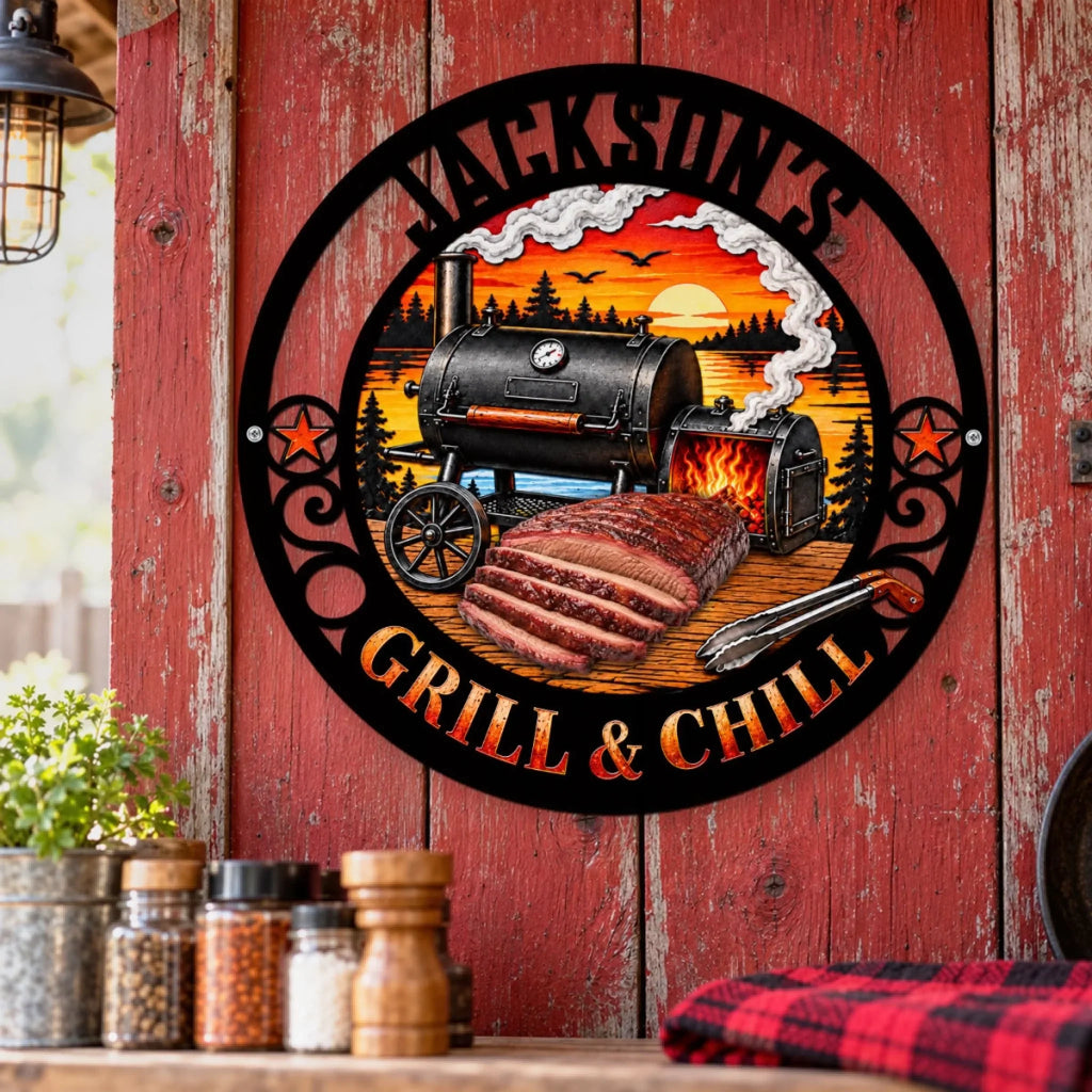 Custom Home & Wall Decor, Birthday & Christmas Gift • Grill And Chill - Personalized Freeform Shape Metal Sign