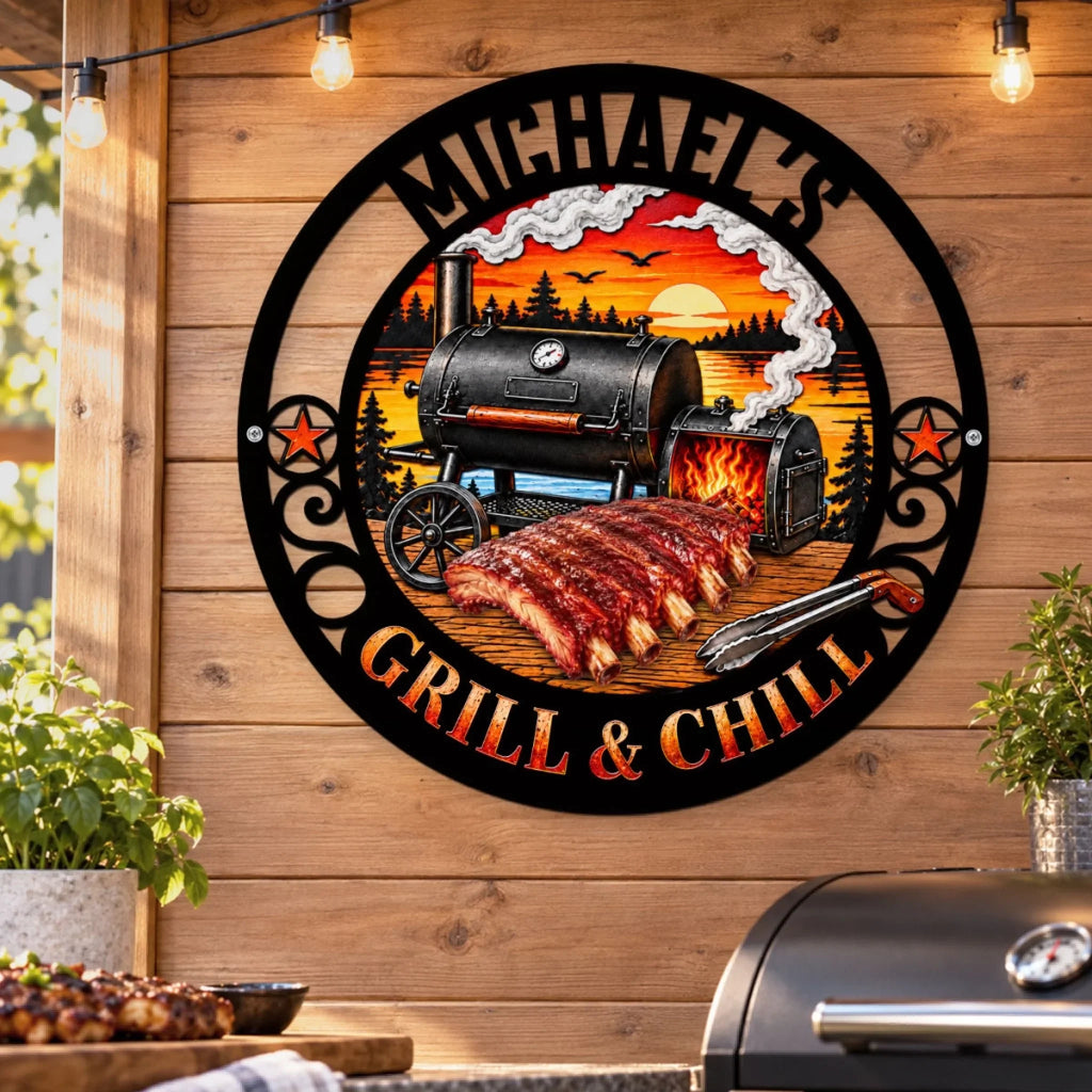Custom Home & Wall Decor, Birthday & Christmas Gift • Grill And Chill - Personalized Freeform Shape Metal Sign