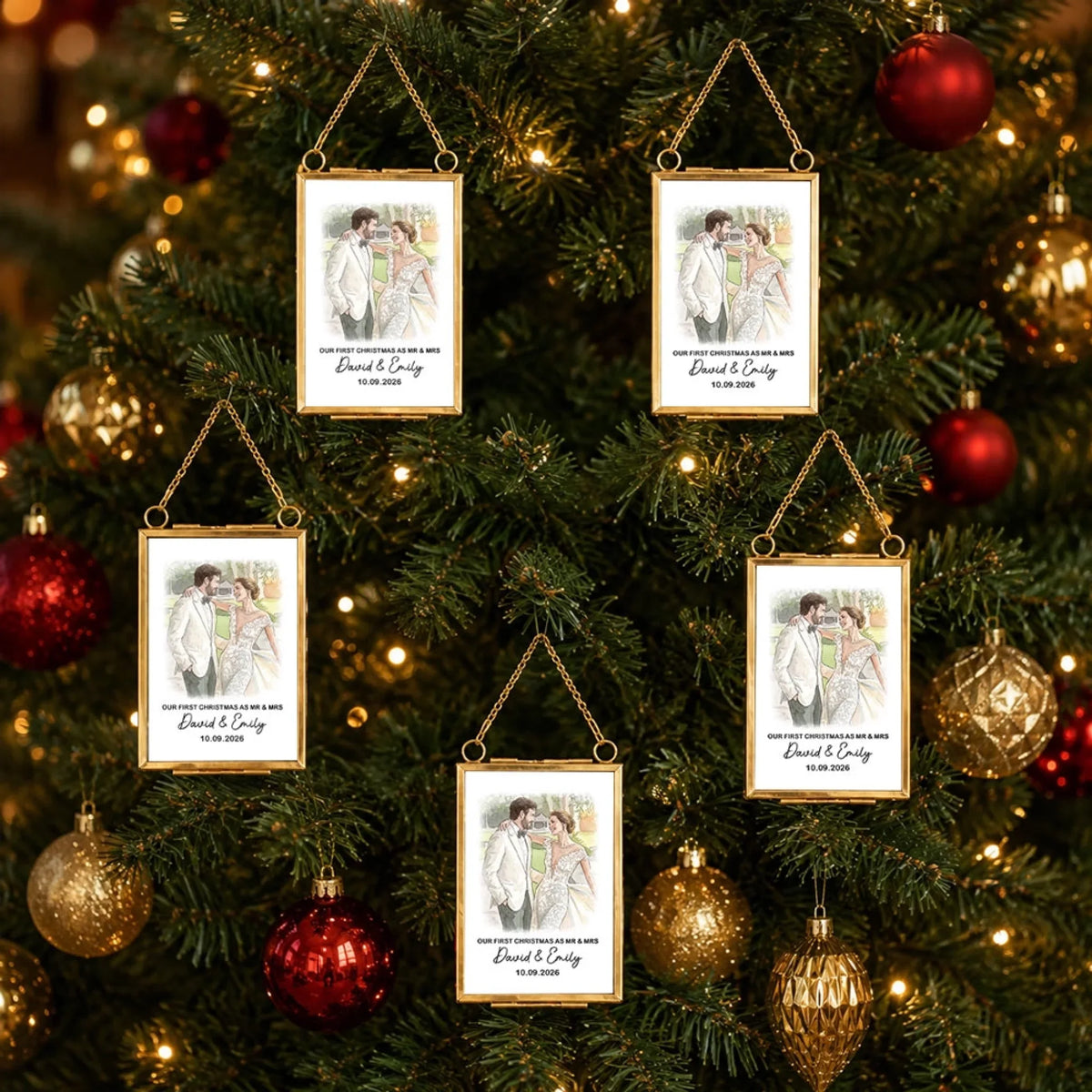 Custom Couple Christmas Ornament, Anniversary Gift •  Our Christmas Chapters - Personalized Metal Frame Ornament