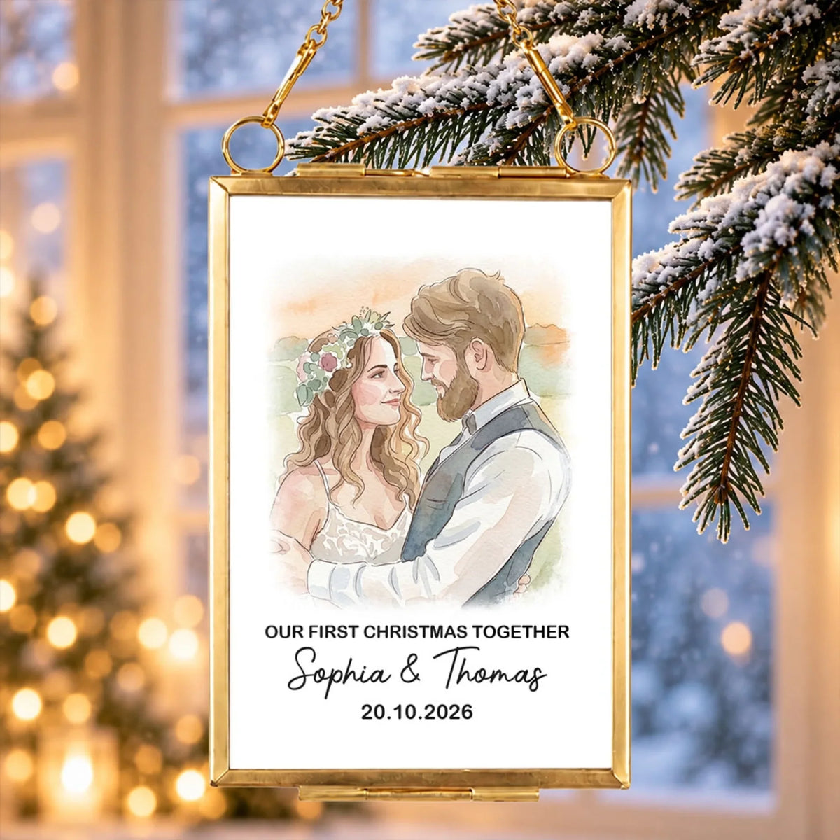 Custom Couple Christmas Ornament, Anniversary Gift •  Our Christmas Chapters - Personalized Metal Frame Ornament