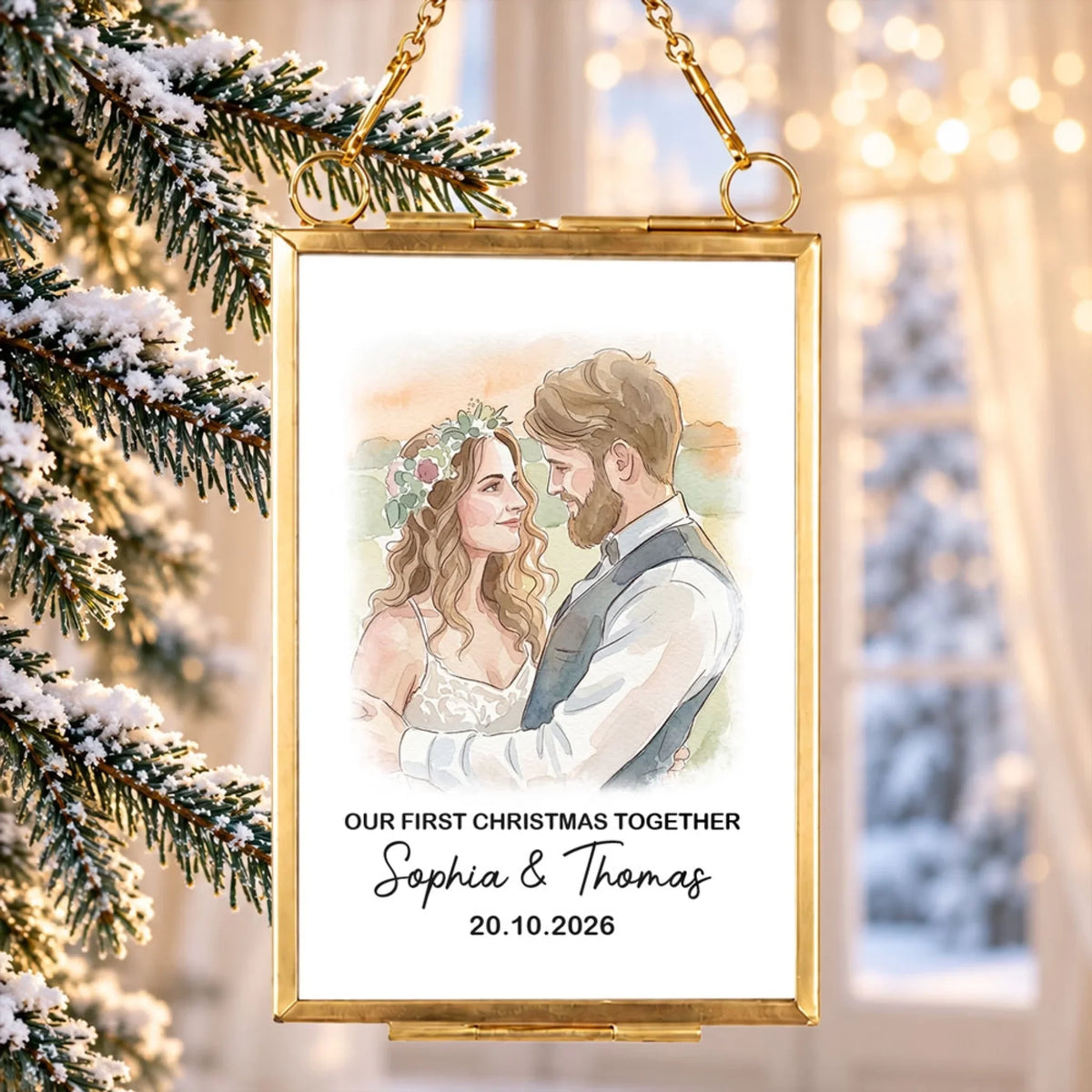Custom Couple Christmas Ornament, Anniversary Gift •  Our Christmas Chapters - Personalized Metal Frame Ornament