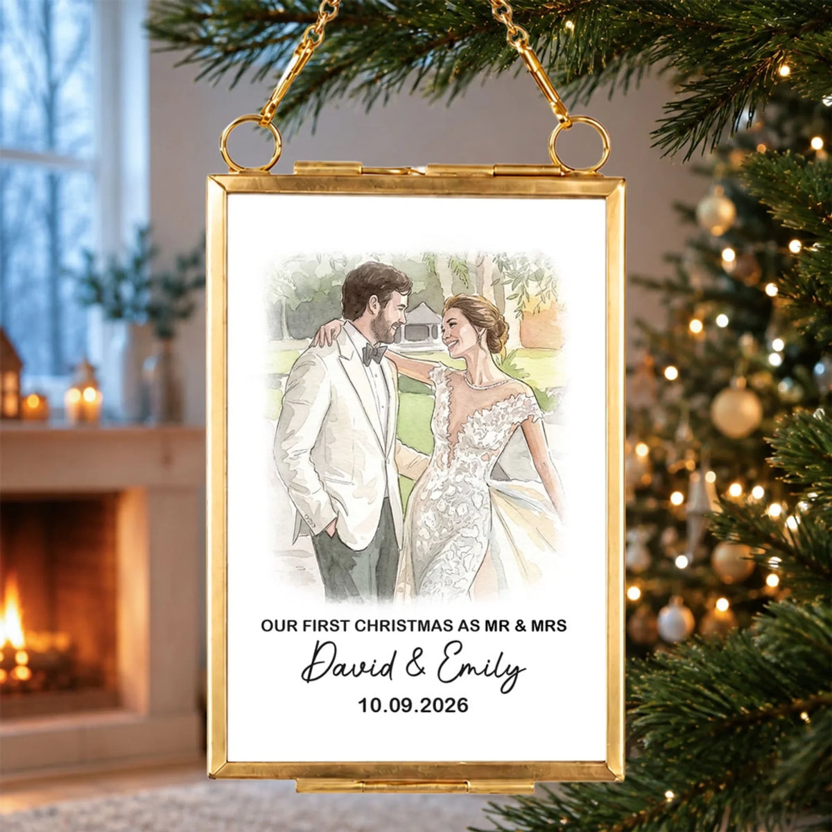 Custom Couple Christmas Ornament, Anniversary Gift •  Our Christmas Chapters - Personalized Metal Frame Ornament