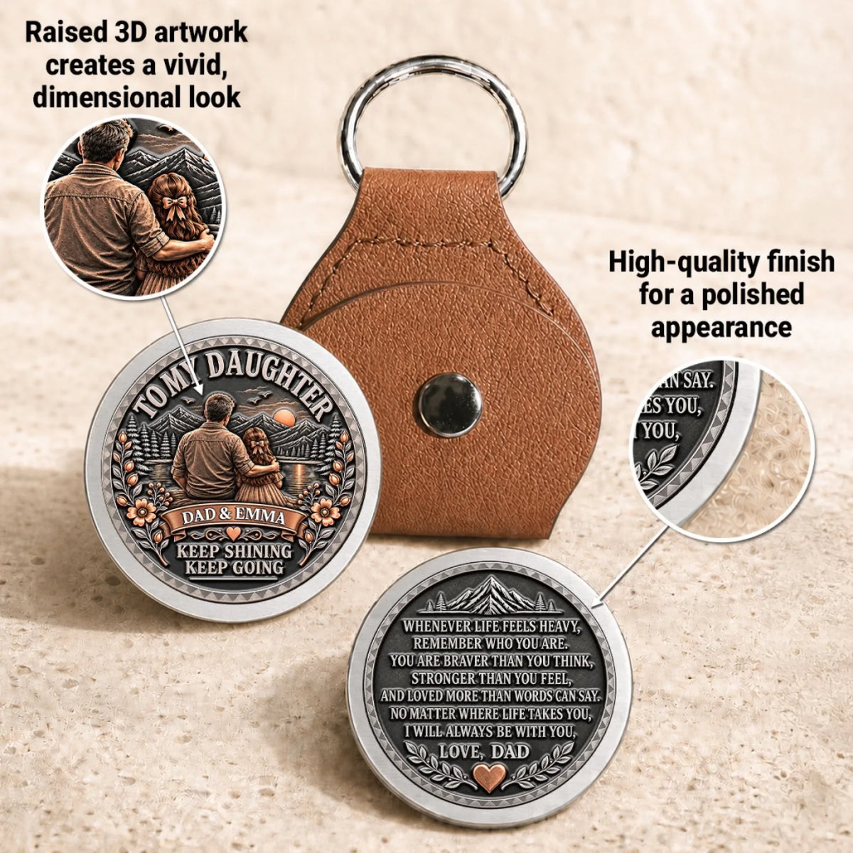 Custom Daughter Coin Keychain, Mother's Day Birthday Gifts • Keep Shining My Brave Girl - Personalized 3D Printing Pocket Hug