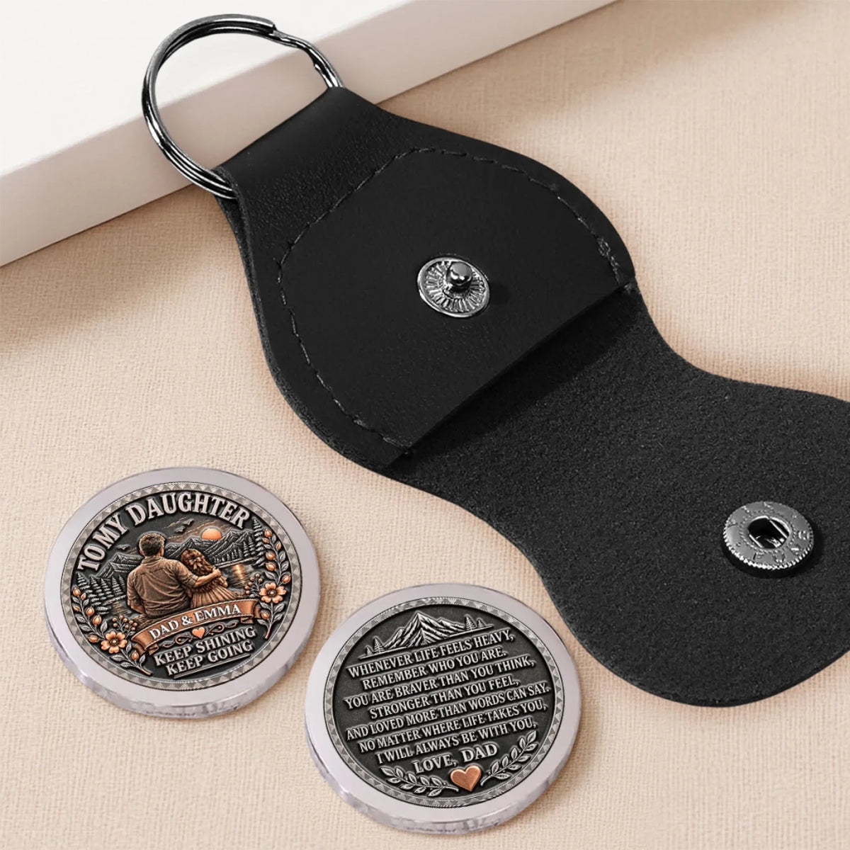 Custom Daughter Coin Keychain, Mother's Day Birthday Gifts • Keep Shining My Brave Girl - Personalized 3D Printing Pocket Hug