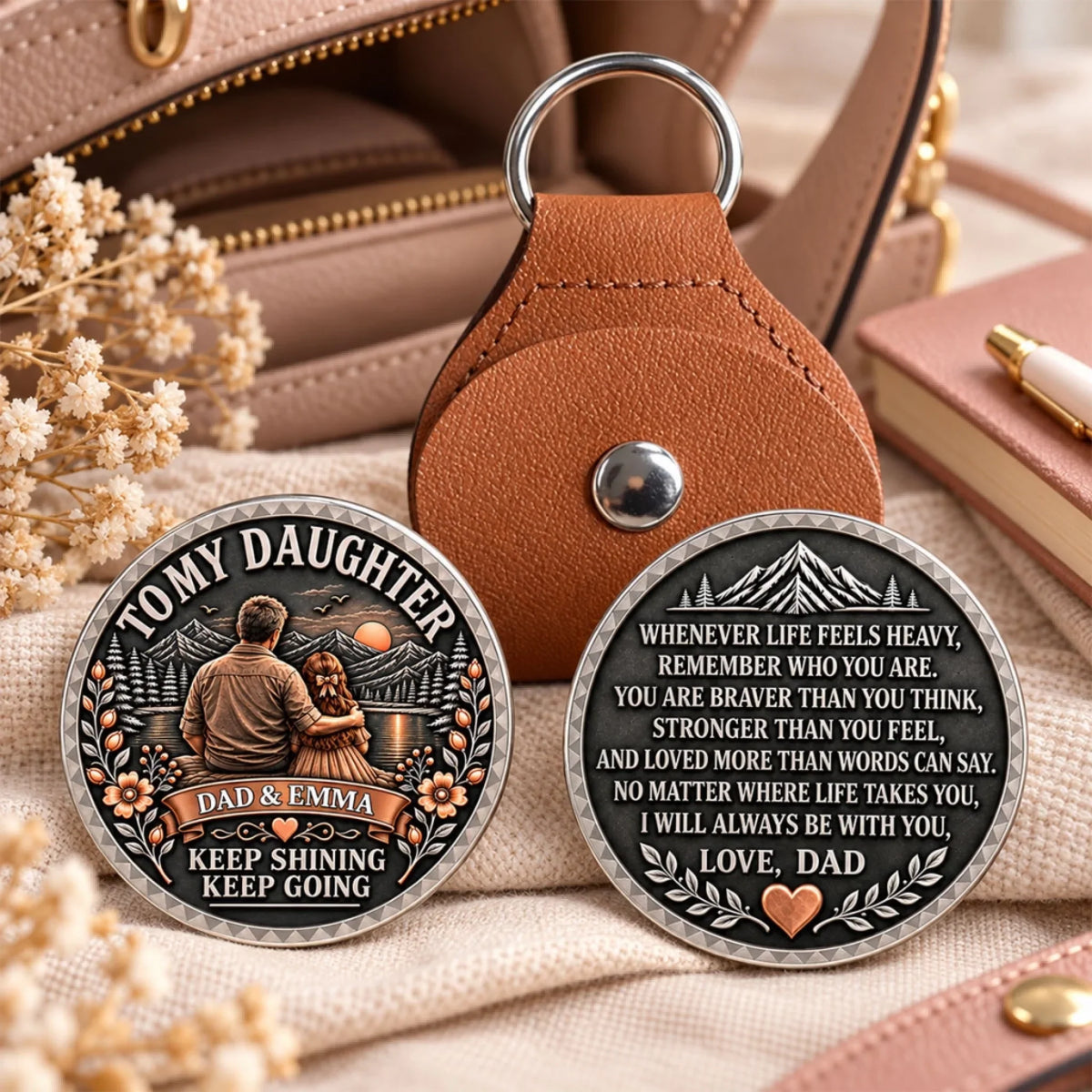 Custom Daughter Coin Keychain, Mother's Day Birthday Gifts • Keep Shining My Brave Girl - Personalized 3D Printing Pocket Hug