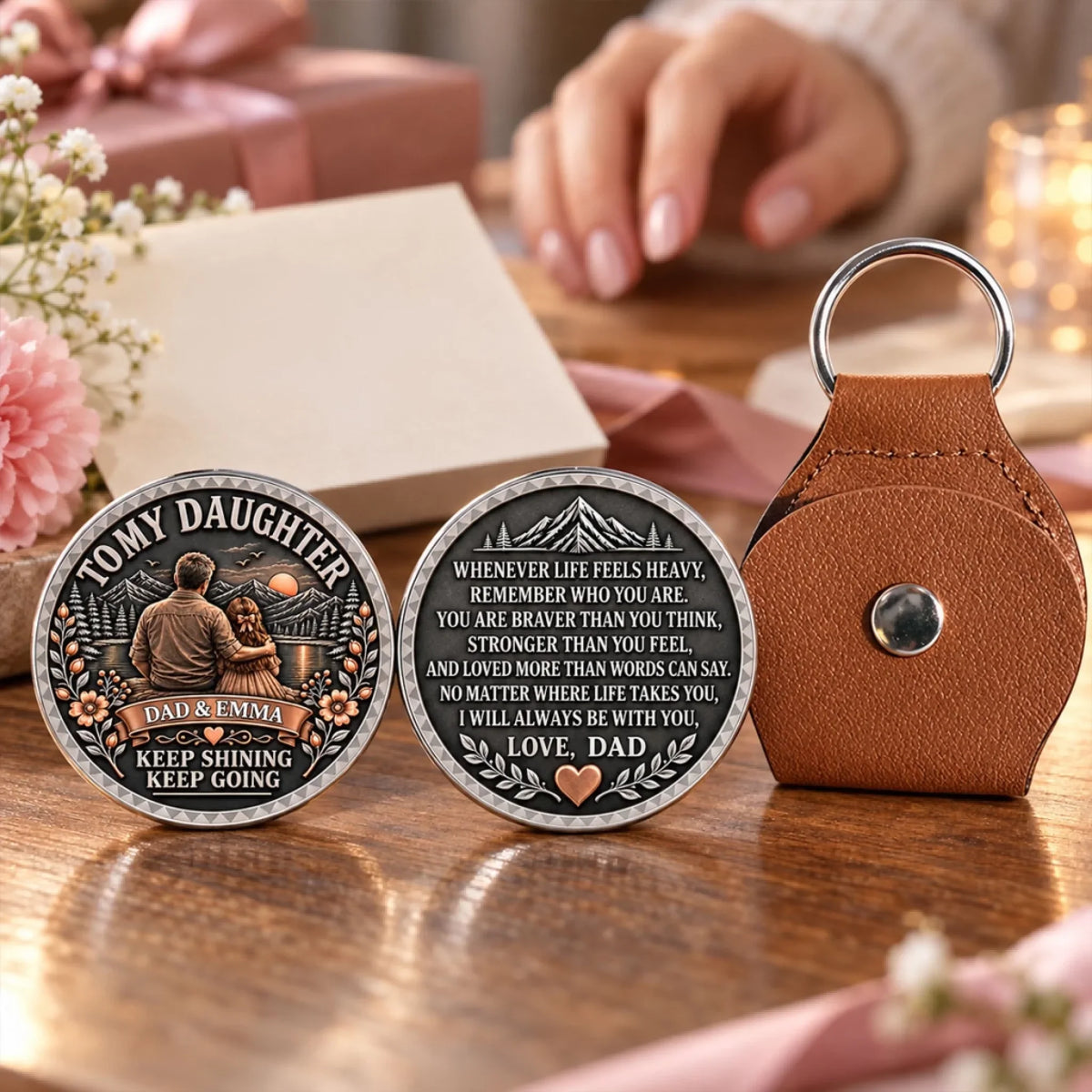 Custom Daughter Coin Keychain, Mother's Day Birthday Gifts • Keep Shining My Brave Girl - Personalized 3D Printing Pocket Hug