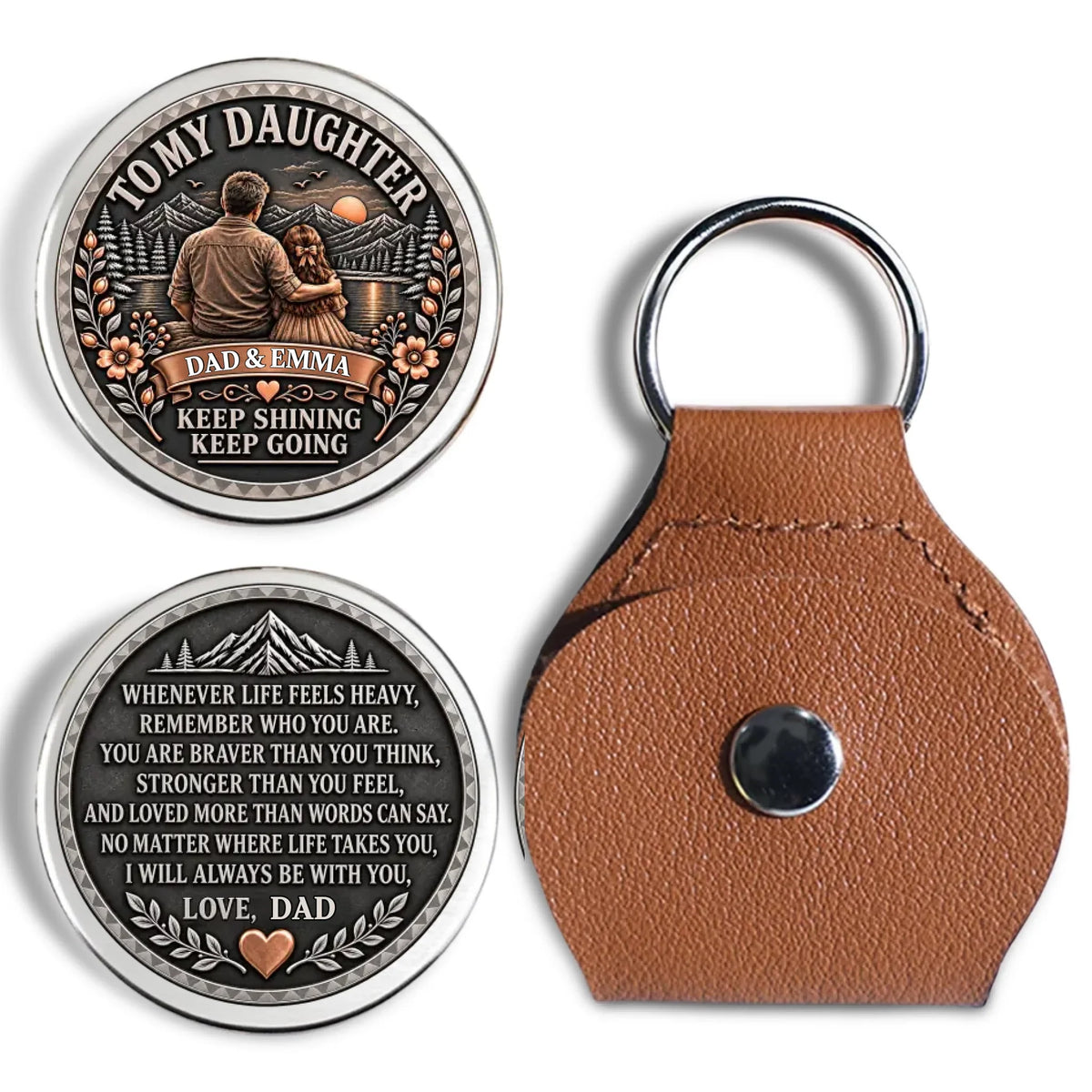 Custom Daughter Coin Keychain, Mother's Day Birthday Gifts • Keep Shining My Brave Girl - Personalized 3D Printing Pocket Hug