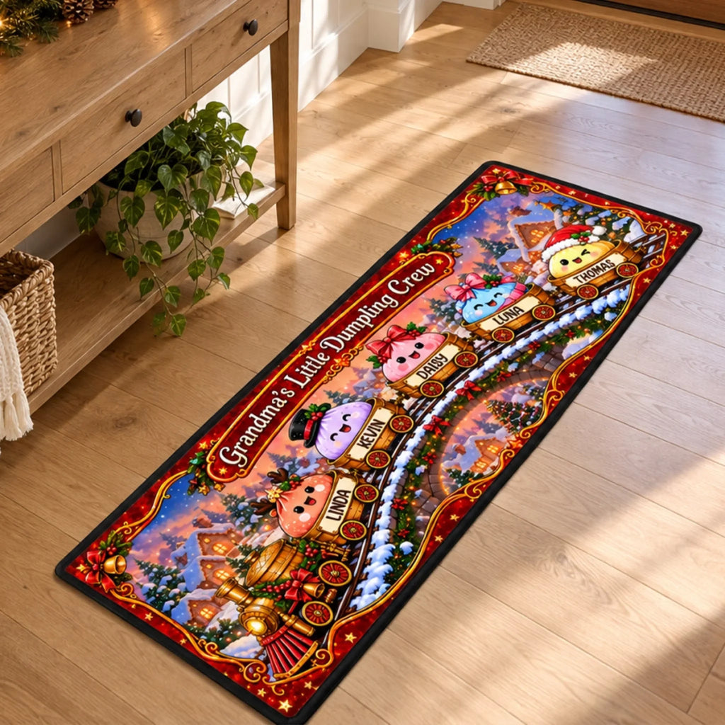 Custom Family Name Christmas Rug, Holiday Gift For Grandma Grandpa • Christmas Dumpling Family – Personalized Runner Rug