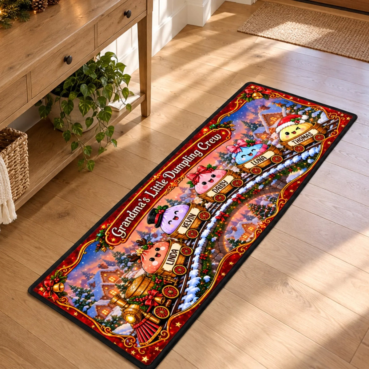 Custom Family Name Christmas Rug, Holiday Gift For Grandma Grandpa • Christmas Dumpling Family – Personalized Runner Rug