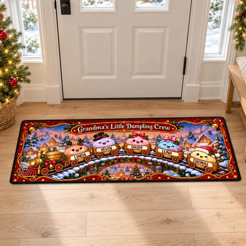Custom Family Name Christmas Rug, Holiday Gift For Grandma Grandpa • Christmas Dumpling Family – Personalized Runner Rug