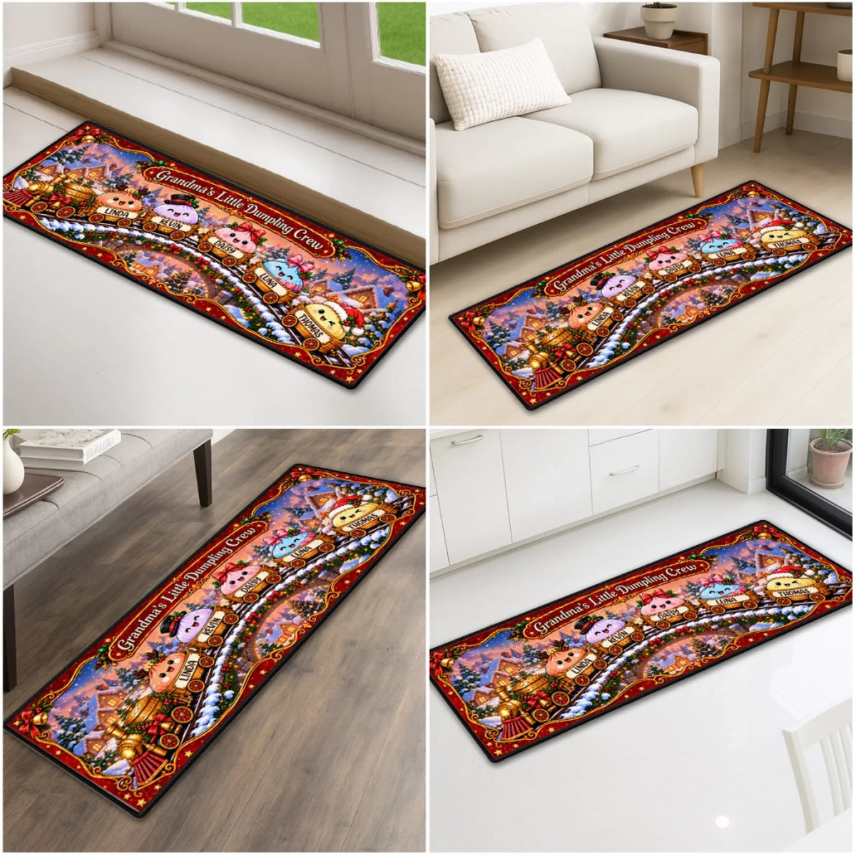 Custom Family Name Christmas Rug, Holiday Gift For Grandma Grandpa • Christmas Dumpling Family – Personalized Runner Rug