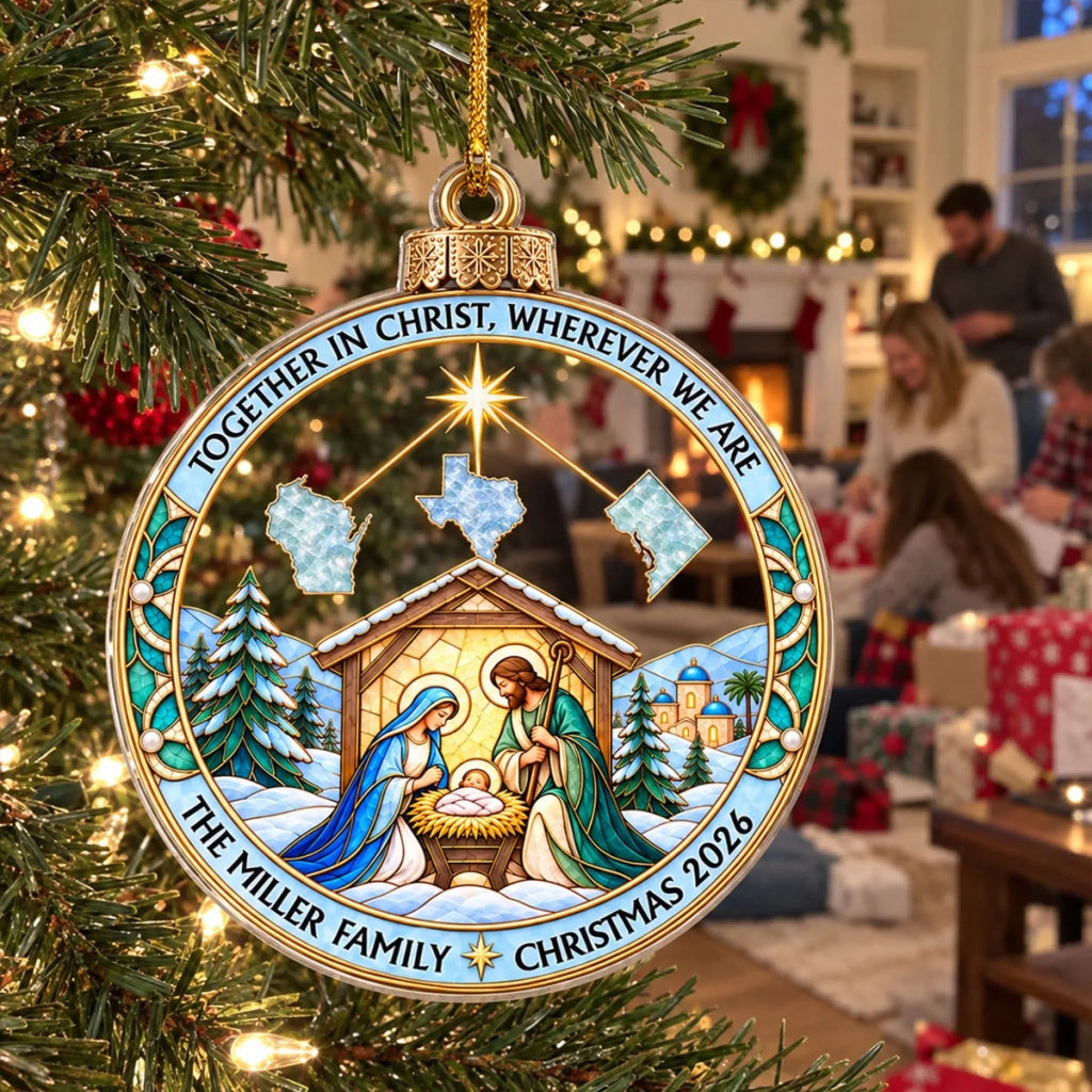Custom Family Christmas Ornament for Long Distance Families •  No Distance Family Nativity – Personalized Acrylic Ornament