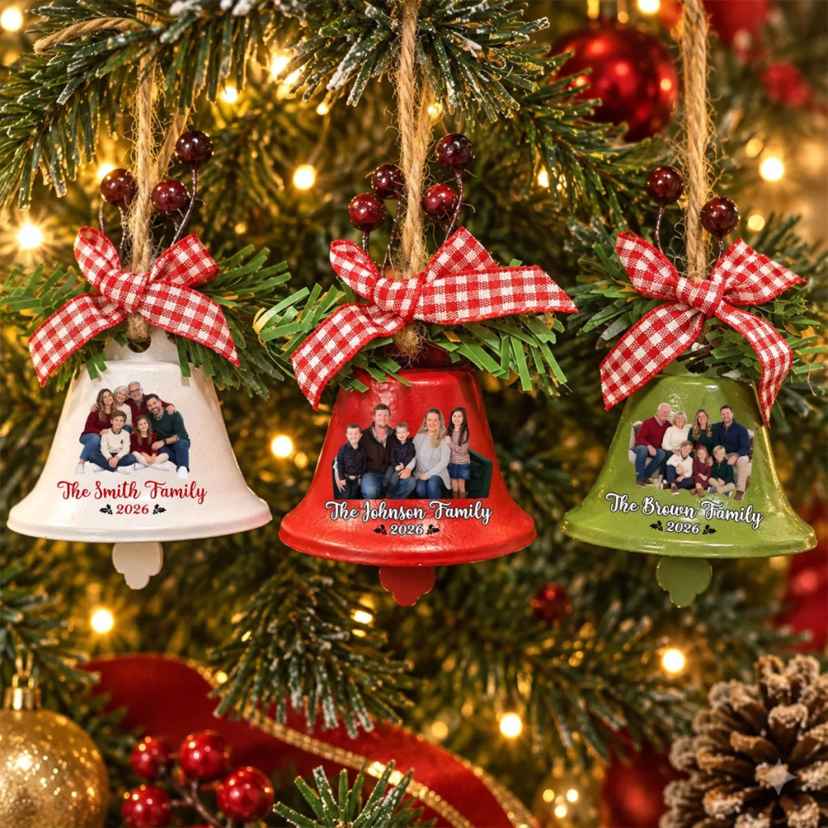 Family Christmas Photo Bells - Personalized Metal Bell Ornament