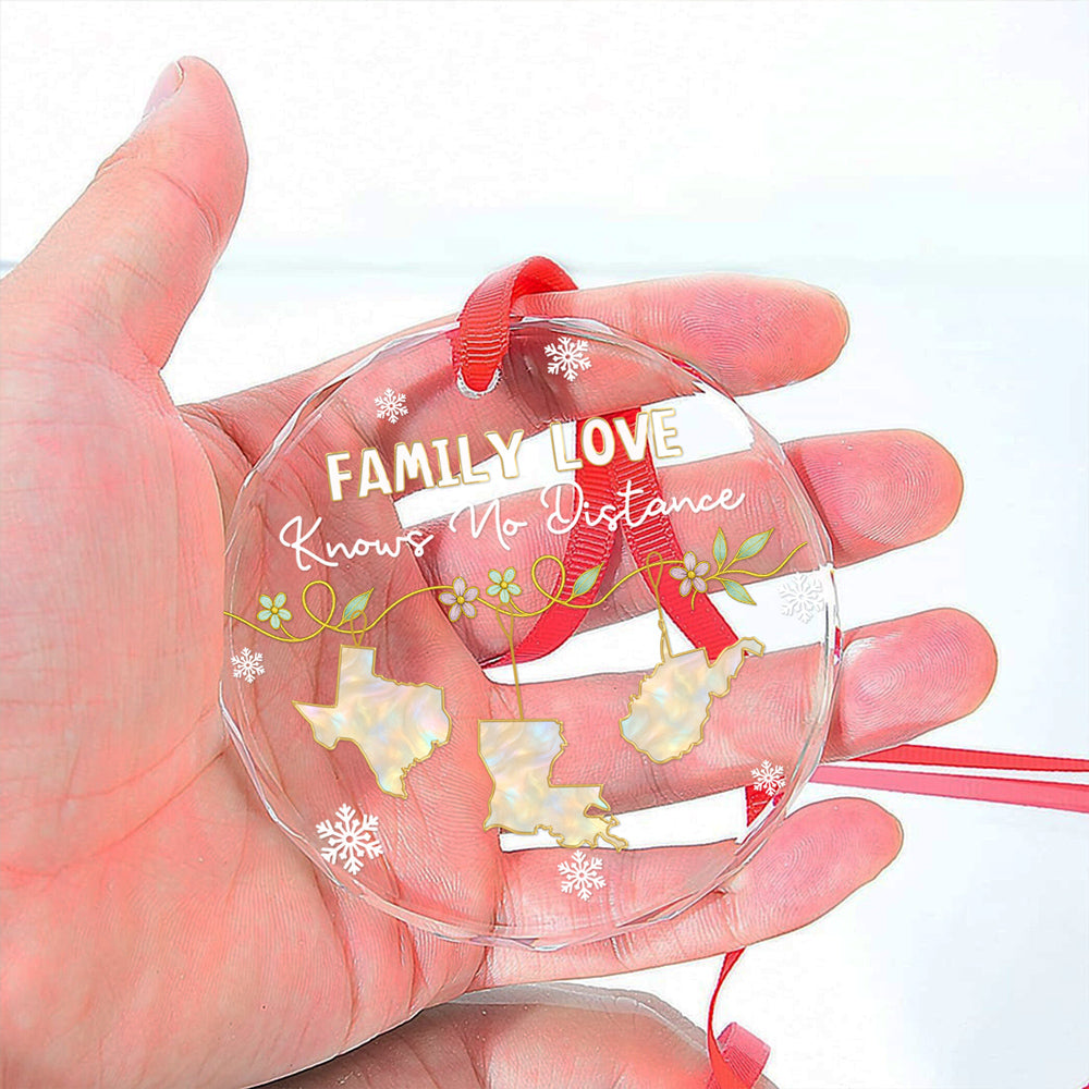 Custom Family Christmas Ornament for Long Distance Families •  Family Love Knows No Distance Mother Of Pearl - Personalized Glass Ornament