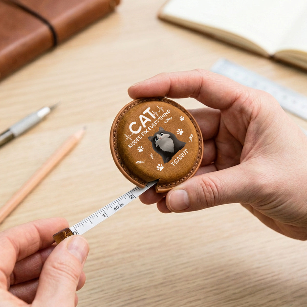 Cat Kisses - Personalized Leather Tape Measure