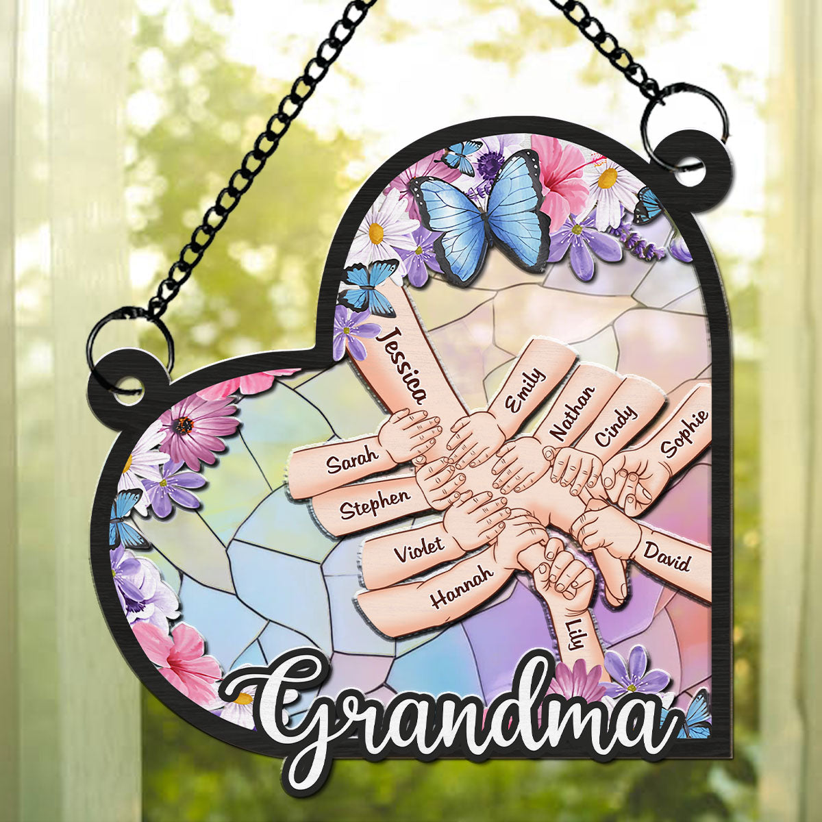 Custom Name Grandma Hanging Decor, Mother's Day Birthday Gifts • Grandma Mom Holding Hands - Personalized Suncatcher